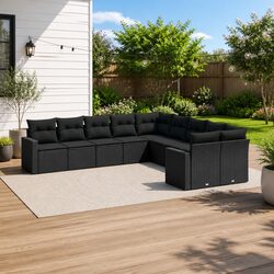10 Piece Garden Sofa Set Outdoor Sectional Patio Furniture Black Poly Rattan