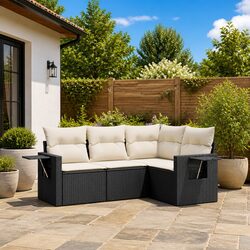 Garden Sofa Set 4 Piece Outdoor Furniture with Cushions Storage Black Poly