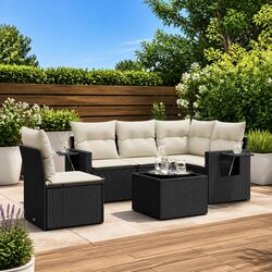 6 Piece Outdoor Garden Sofa Set Black PE Rattan Patio Furniture with Cushions
