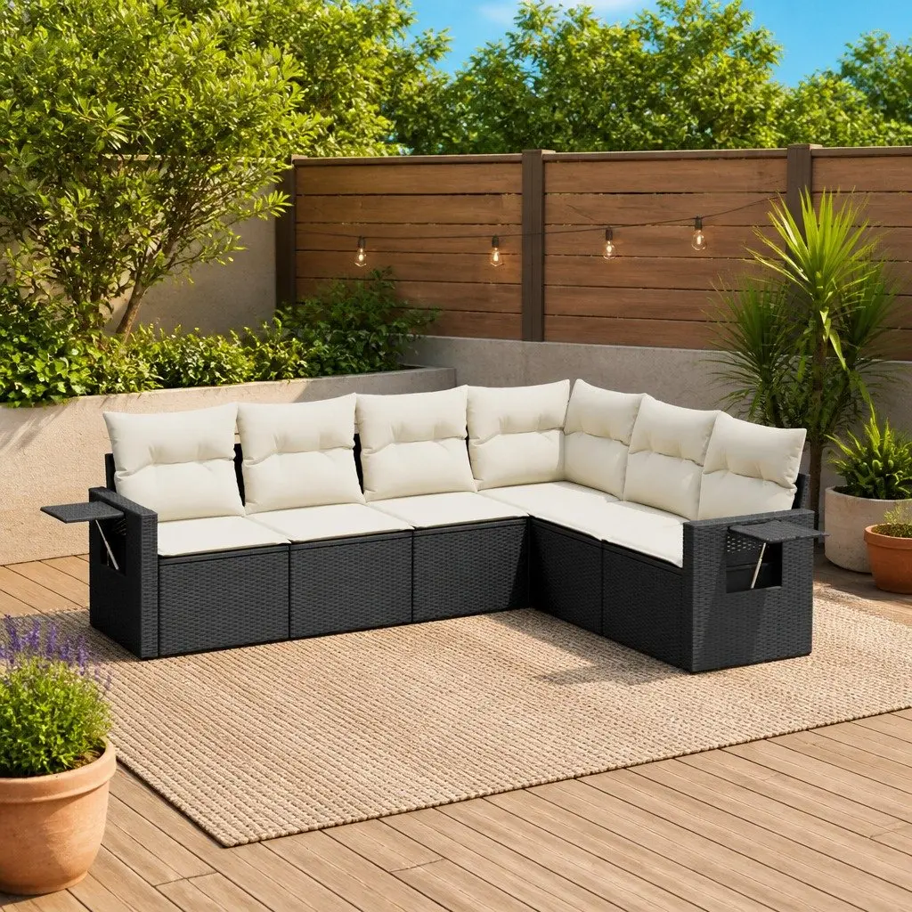 Garden Sofa Set 6 Piece Outdoor Furniture Black Poly Rattan Modular Patio