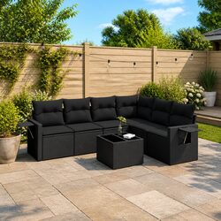 7 Piece Garden Sofa Set Outdoor Patio Furniture Black Poly Rattan with Cushions