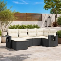 Garden Sofa Set - 6 Pieces, PE Rattan, Black Colour