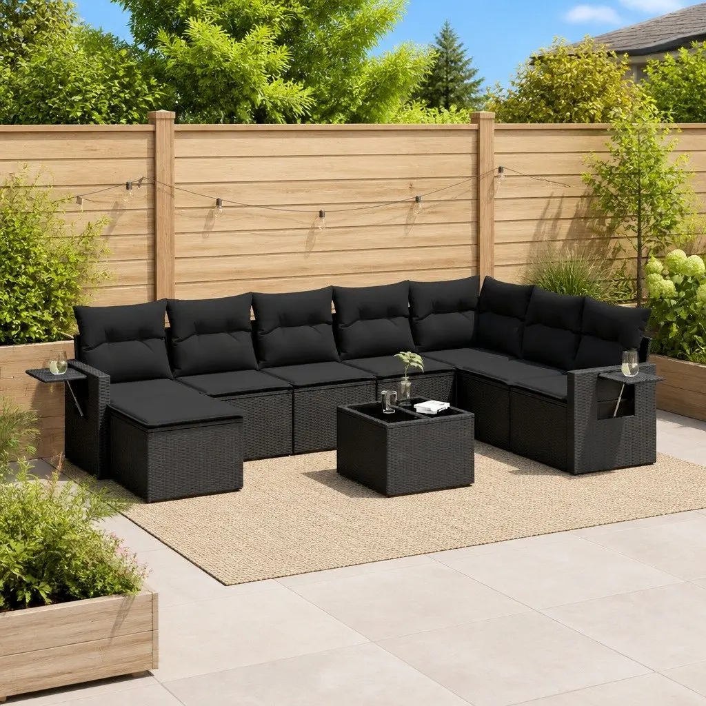 Garden Sofa Set Outdoor Furniture 9 Piece Black Poly Rattan Modular Patio