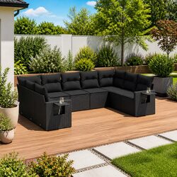 Garden Sofa Set 9 Piece Outdoor Furniture Black Poly Rattan with Cushions