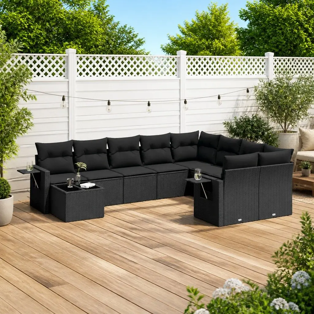 Garden Sofa Set Outdoor Furniture 10 Piece Black Poly Rattan Modular Patio