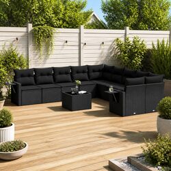 11-Piece Black Poly Rattan Modular Sofa Set