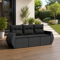 Garden Sofa Set 3 Piece Outdoor Furniture Black Poly Rattan with Storage