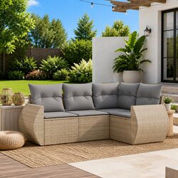 Outdoor Garden Sofa Set 4 Piece Beige Poly Rattan Patio Furniture with Storage