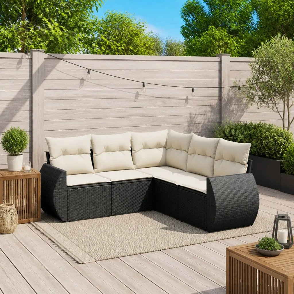 Garden Sofa Set Outdoor 5 Piece Black Poly Rattan Patio Furniture with Cushions