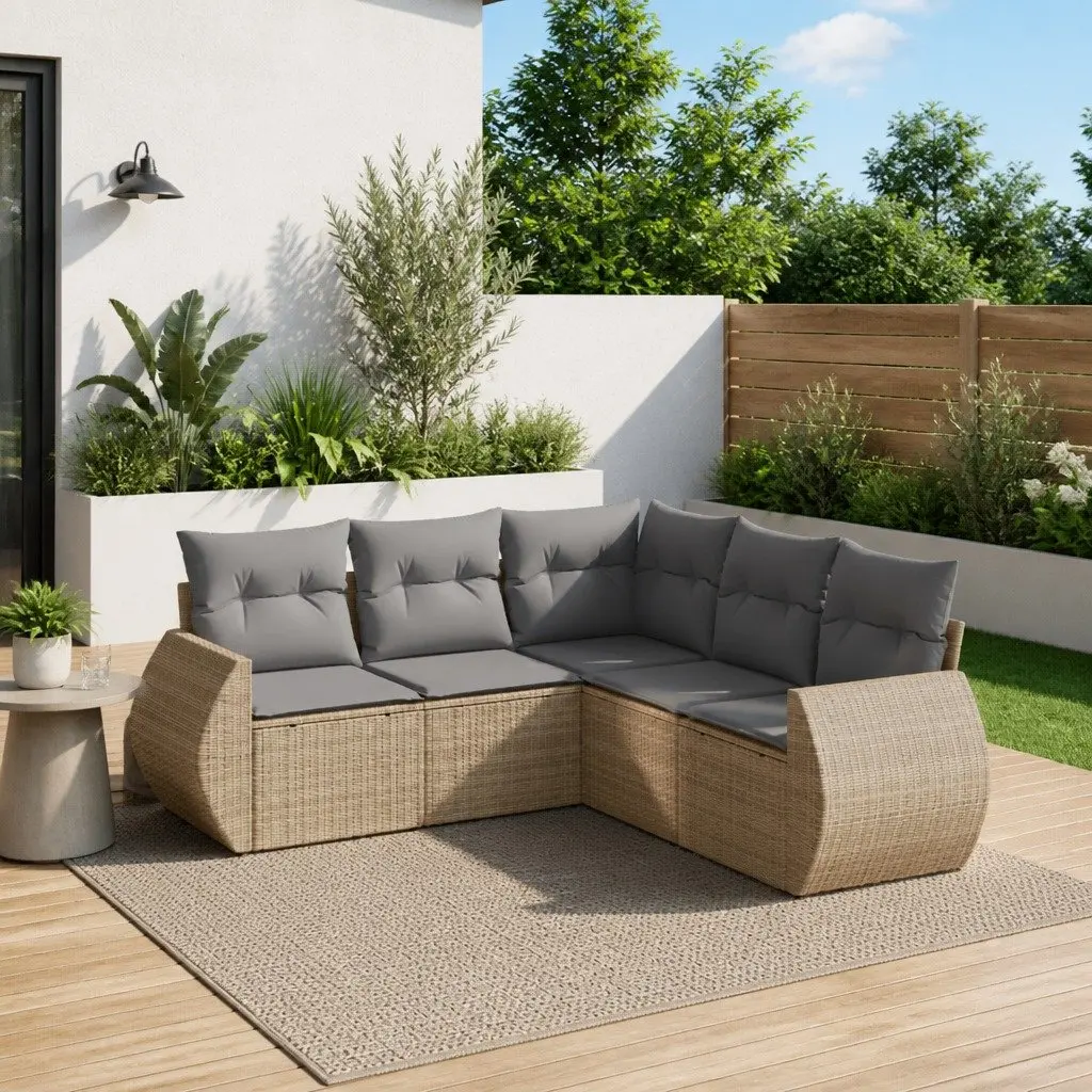 Outdoor Garden Sofa Set 5 Piece Beige Poly Rattan Patio Furniture