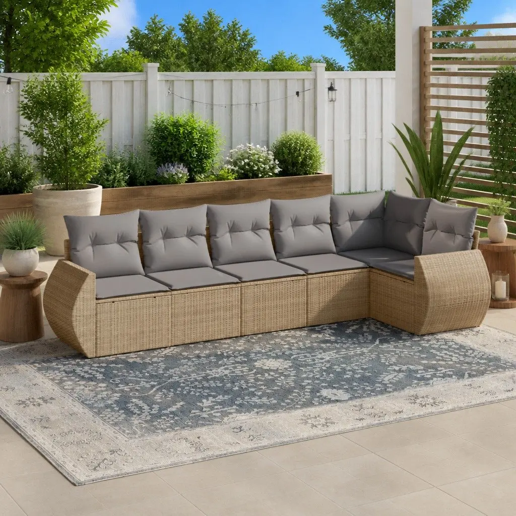 Garden Sofa Set 6 Piece Outdoor Use Beige Poly Rattan with Cushions
