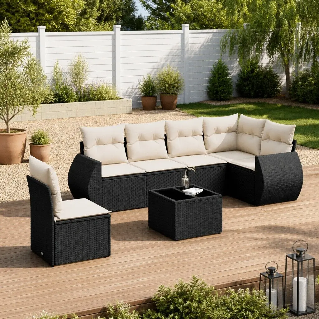 7 Piece Garden Sofa Set for Outdoor Patio with Cushions and Storage Black
