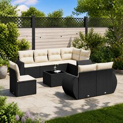 9 Piece Garden Sofa Set with Black Cushions and Glass Top