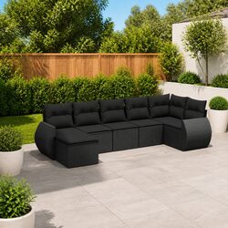 7 Piece Garden Sofa Set Outdoor Patio Furniture Black Poly Rattan with Cushions