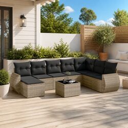 9-Piece Grey Poly Rattan Sofa Set with Glass Table