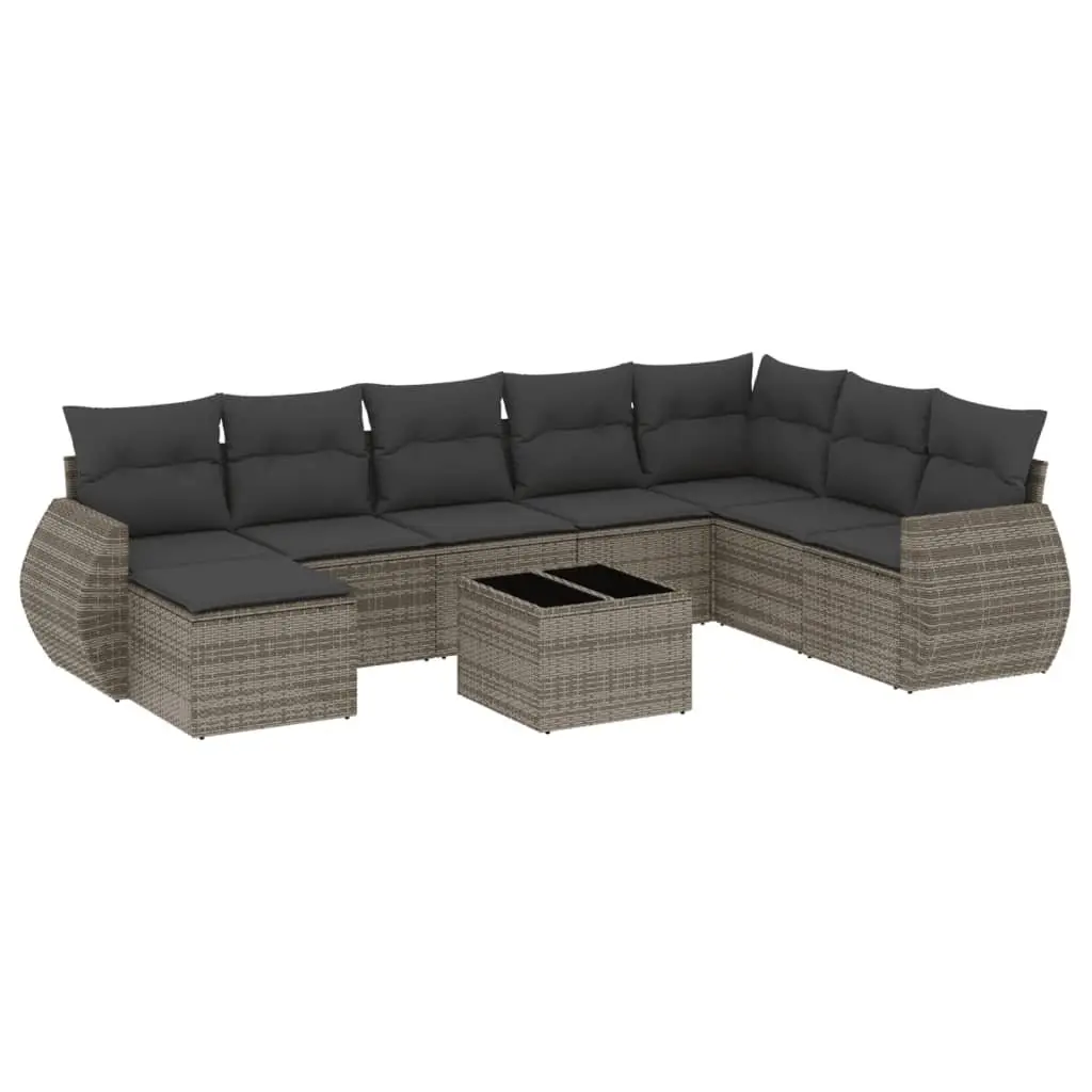 9-Piece Grey Poly Rattan Sofa Set with Glass Table