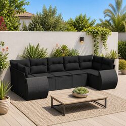 7 Piece Garden Sofa Set with Storage Cushions Black Poly Rattan Outdoor Patio