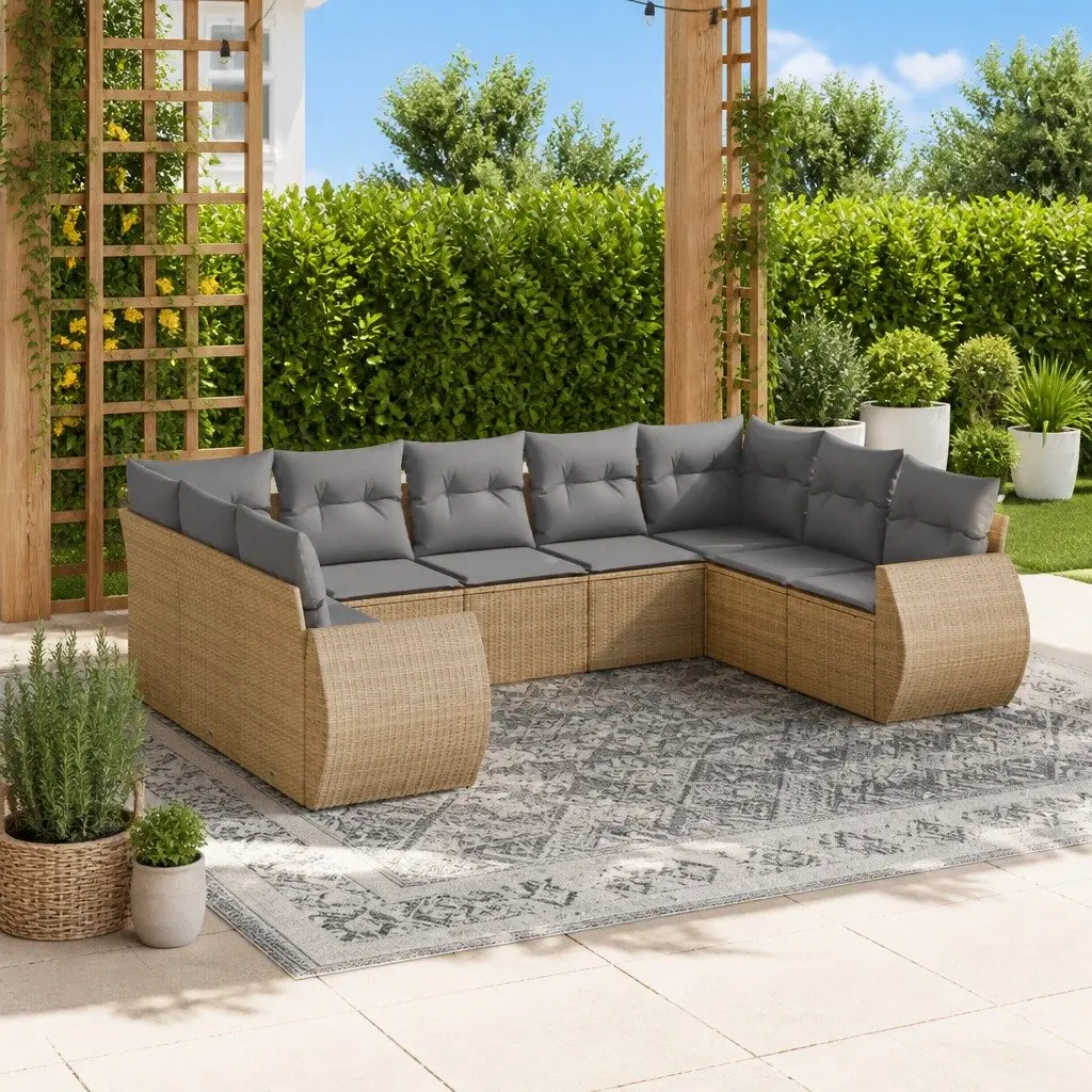 Garden Sofa Set Outdoor Furniture Modular 9 Piece Beige Poly Rattan Patio Lounge