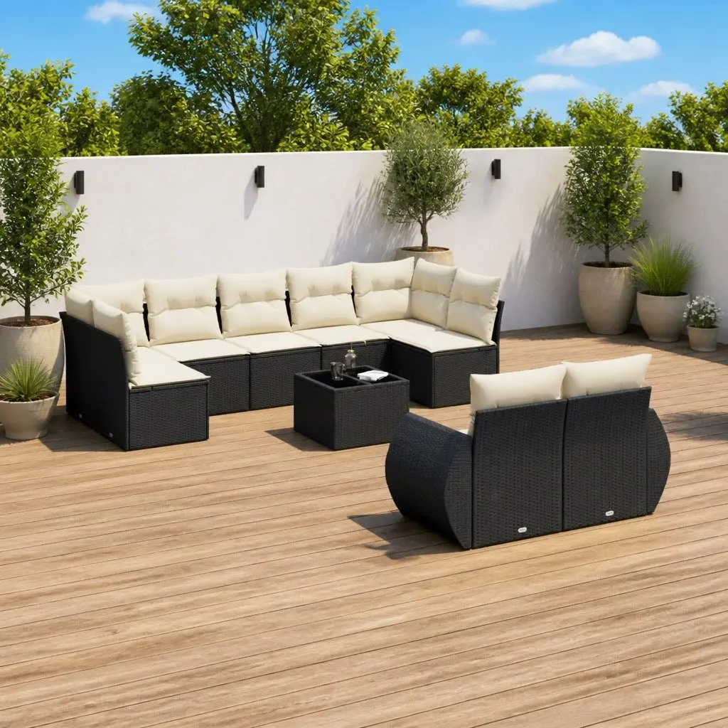 10-Piece Black Poly Rattan Sofa Set