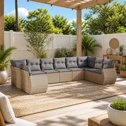 10-Piece Garden Sofa Set: Beige PE Rattan & Cushions