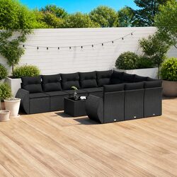 11 Piece Garden Sofa Set Outdoor Furniture Black Poly Rattan Patio Seating with