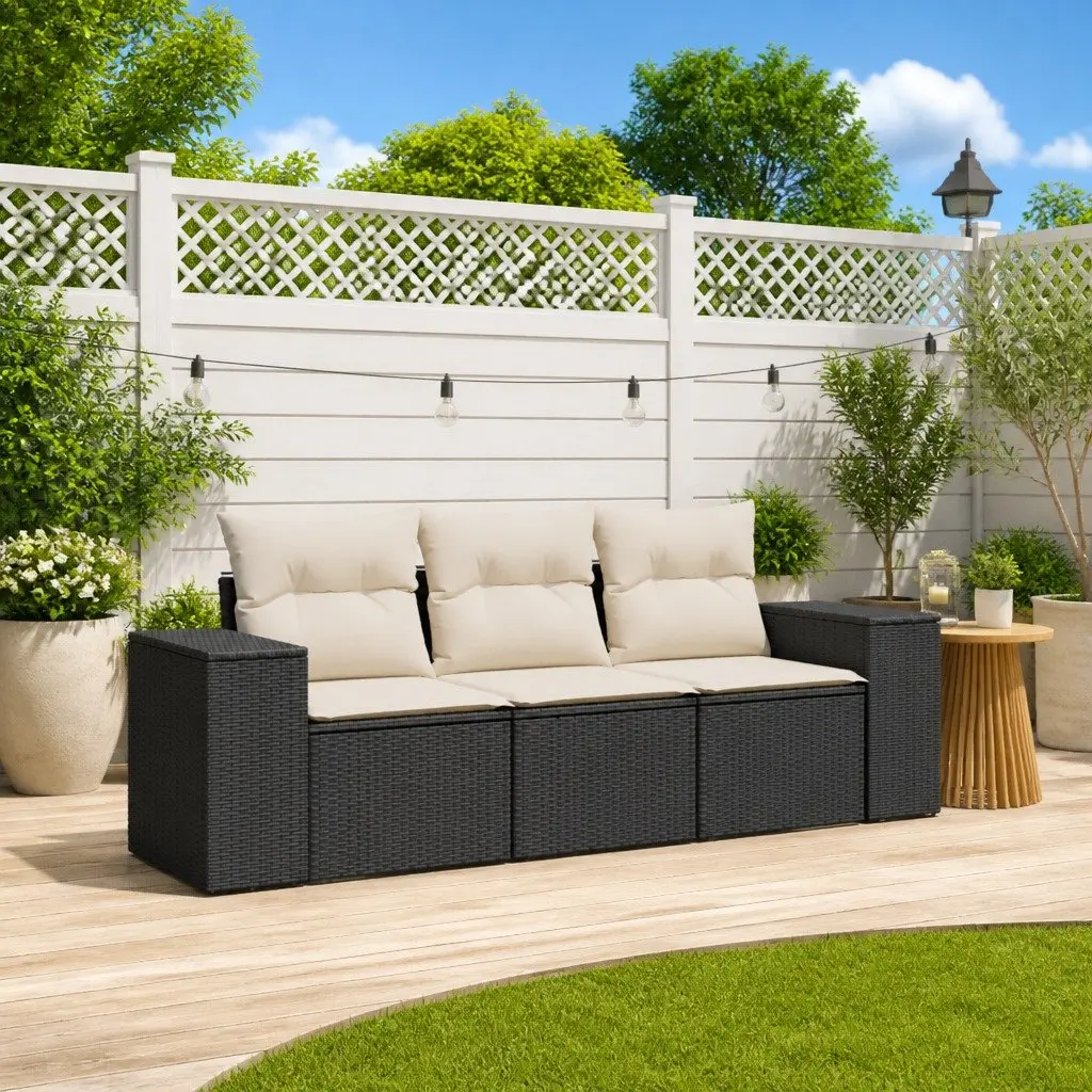3 Piece Black Poly Rattan Sofa Set with Cushions