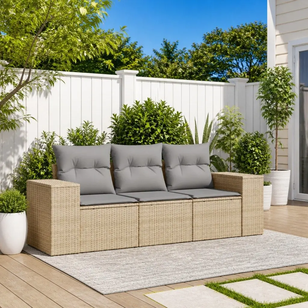 3 Piece Garden Sofa Set for Outdoor Patio Beige Poly Rattan