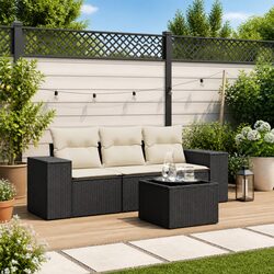 Durable 4-Piece Black Rattan Sofa Set with Cushions