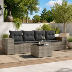 5 Piece Grey Outdoor Sofa Set: PE Rattan and Glass