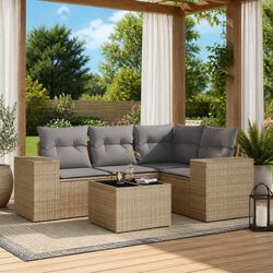 5-Piece Garden Sofa Set: Beige PE Rattan with Glass Top