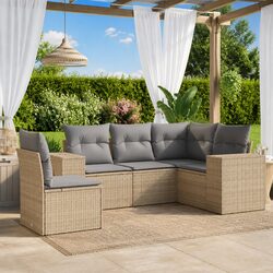5 Piece Garden Sofa Set Beige Poly Rattan Outdoor Patio Furniture with Cushions