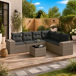 Garden Sofa Set 7 Piece Outdoor Furniture Grey Poly Rattan with Storage Cushions