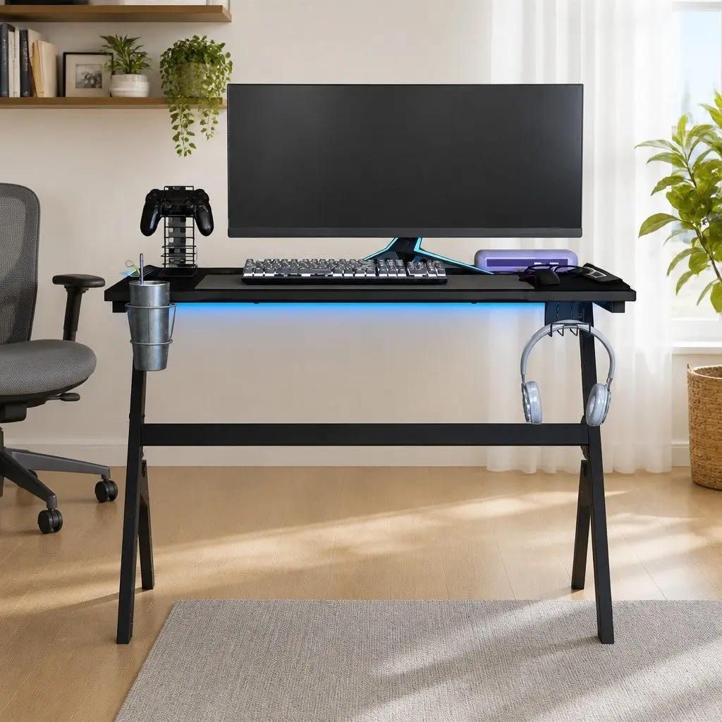 Gaming Desk for Home Office Black Y Shape 110 x 60 x 75 cm with LED RGB Lighting and Accessories Racks