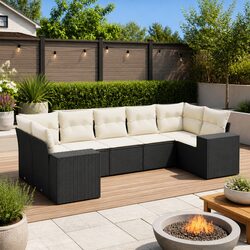 7 Piece Garden Sofa Set Black Poly Rattan Outdoor Patio Furniture with Cushions
