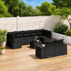 Modular 10-Piece Black Rattan Sofa Set with Glass Table