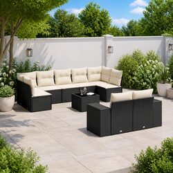 10-Piece Black Poly Rattan Sofa Set with Glass Top