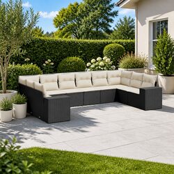 10-Piece Garden Sofa Set - Black PE Rattan with Cushions