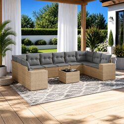 Garden Sofa Set 11 Piece Outdoor Furniture with Cushions Storage Beige Rattan