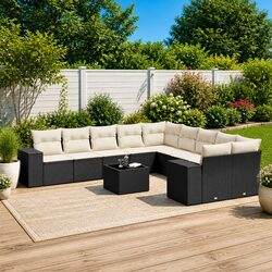 Garden Sofa Set 11 Piece Outdoor Furniture Black Poly Rattan Patio with Cushions