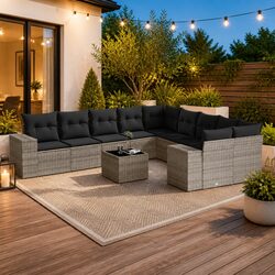 Garden Sofa Set 11 Piece Outdoor Furniture Patio Grey Poly Rattan with Cushions