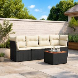 5 Piece Black Patio Furniture Sofa Set - PE Rattan, Acacia Wood