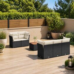 6 Piece Outdoor Garden Sofa Set Black Poly Rattan Patio Furniture with Cushions
