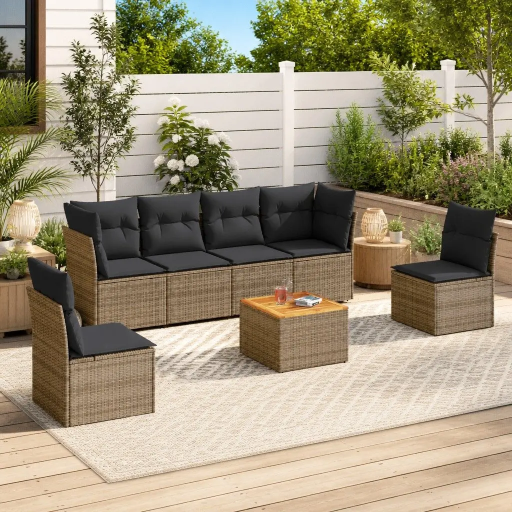 7 Piece Outdoor Sofa Set Grey PE Rattan for Patio with Acacia Wood Table and Cushions