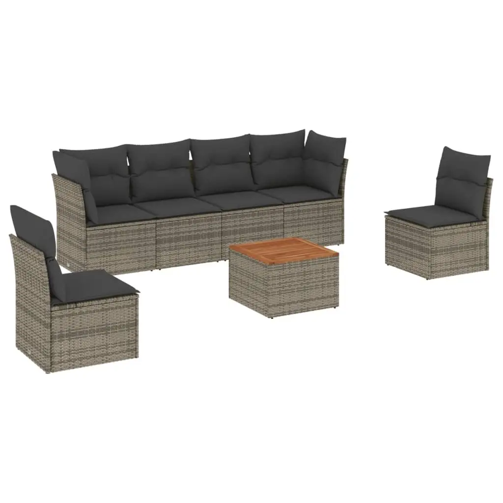 7 Piece Outdoor Sofa Set Grey PE Rattan for Patio with Acacia Wood Table and Cushions