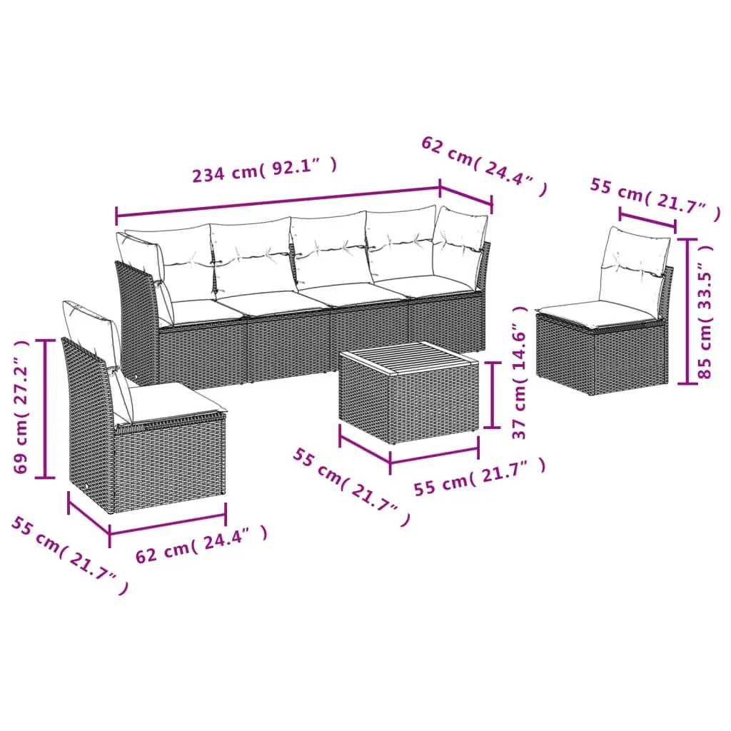 7 Piece Outdoor Sofa Set Grey PE Rattan for Patio with Acacia Wood Table and Cushions