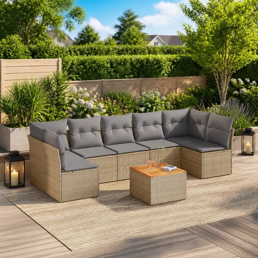 Garden Sofa Set Outdoor Furniture Modular 8 Piece Beige Poly Rattan with Storage