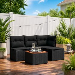 5 Piece Outdoor Sofa Set: Black Rattan and Acacia Wood