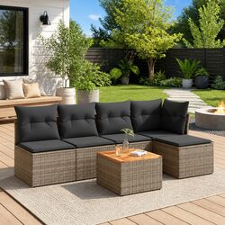 Garden Sofa Set 6 Piece Grey Poly Rattan Outdoor Furniture with Storage Cushions