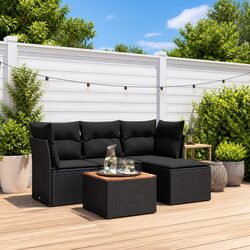5 Piece Garden Sofa Set: Black Poly Rattan & Acacia Table
