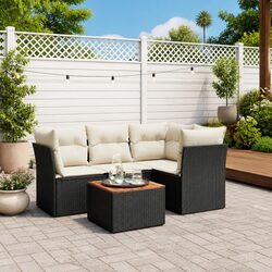 5 Piece Garden Sofa Set: Black Poly Rattan & Acacia Wood
